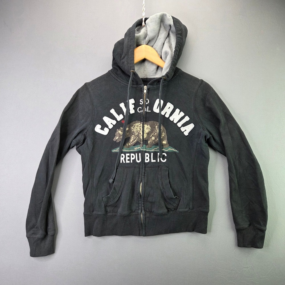 California Republic Zip Up Hoodie SoCal Bear Graphic Black Small Vintage Style